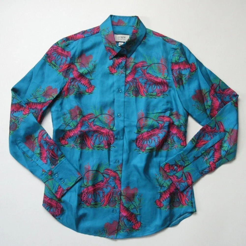 NWT J.Crew Collection Silk-twill Shirt in Ultramarine Red Lobster Print Top 2